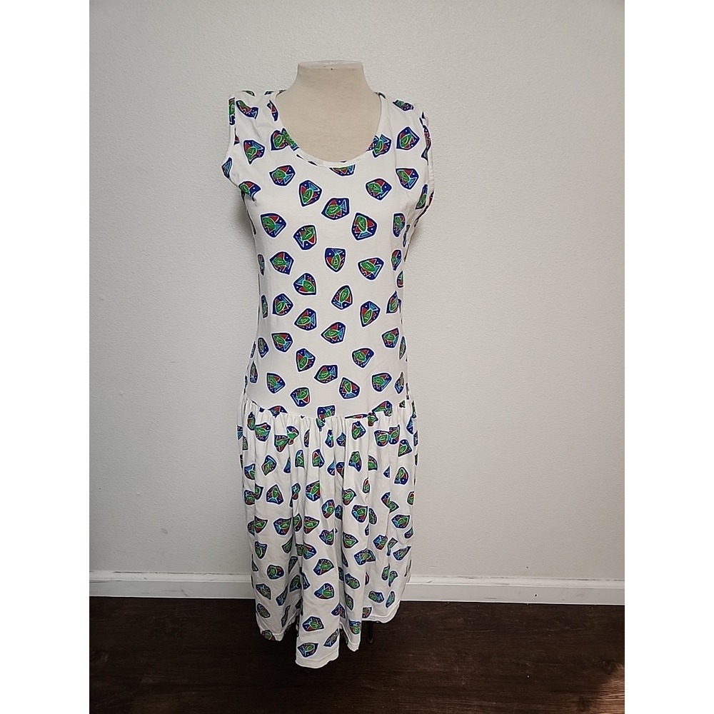 Vtg Women's Passports Of‎ Pier 1 Cotton Jersey Sleeveless Fish Dress 90s Sz Med